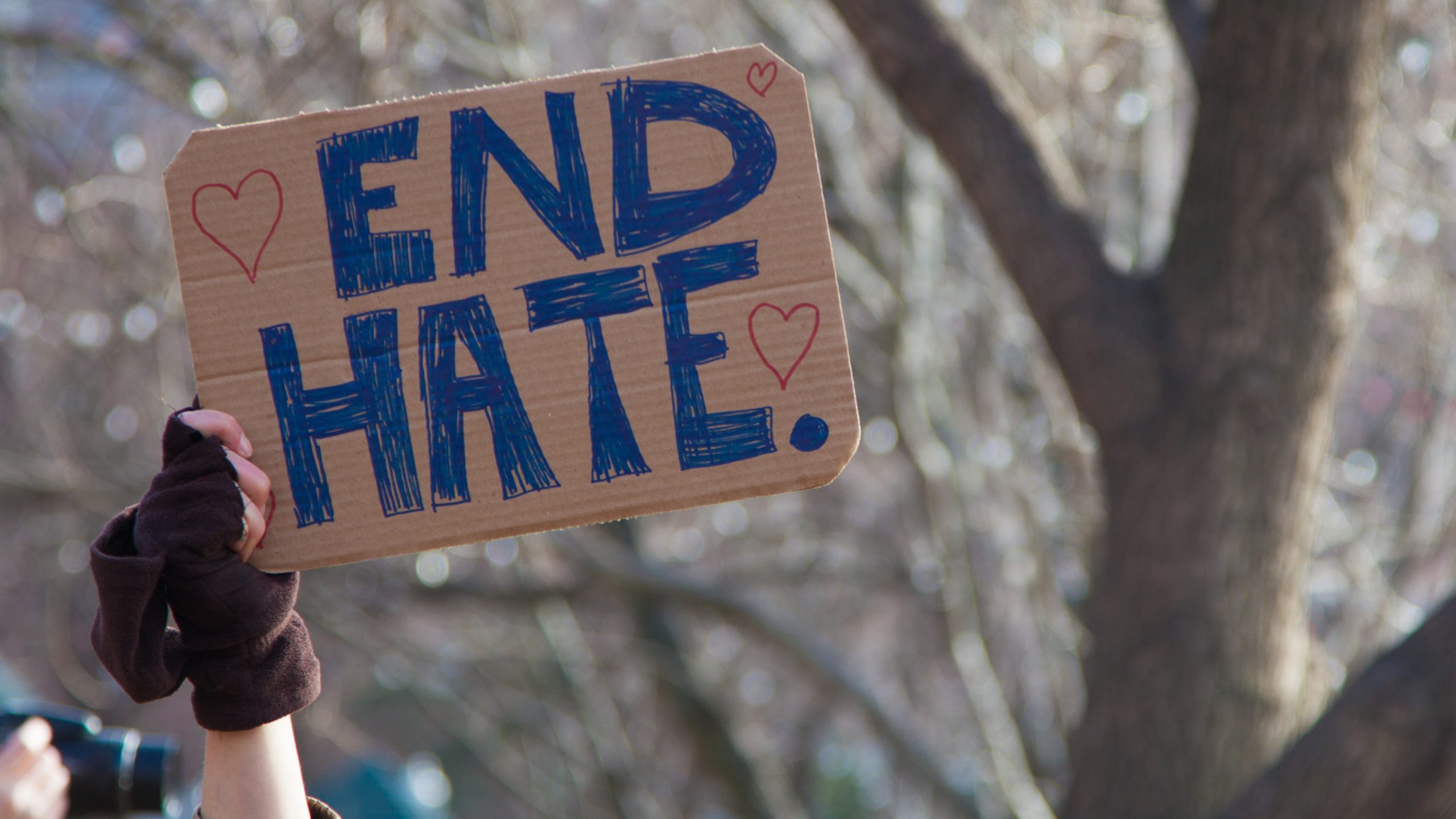 Hand holding sign saying "End Hate"
