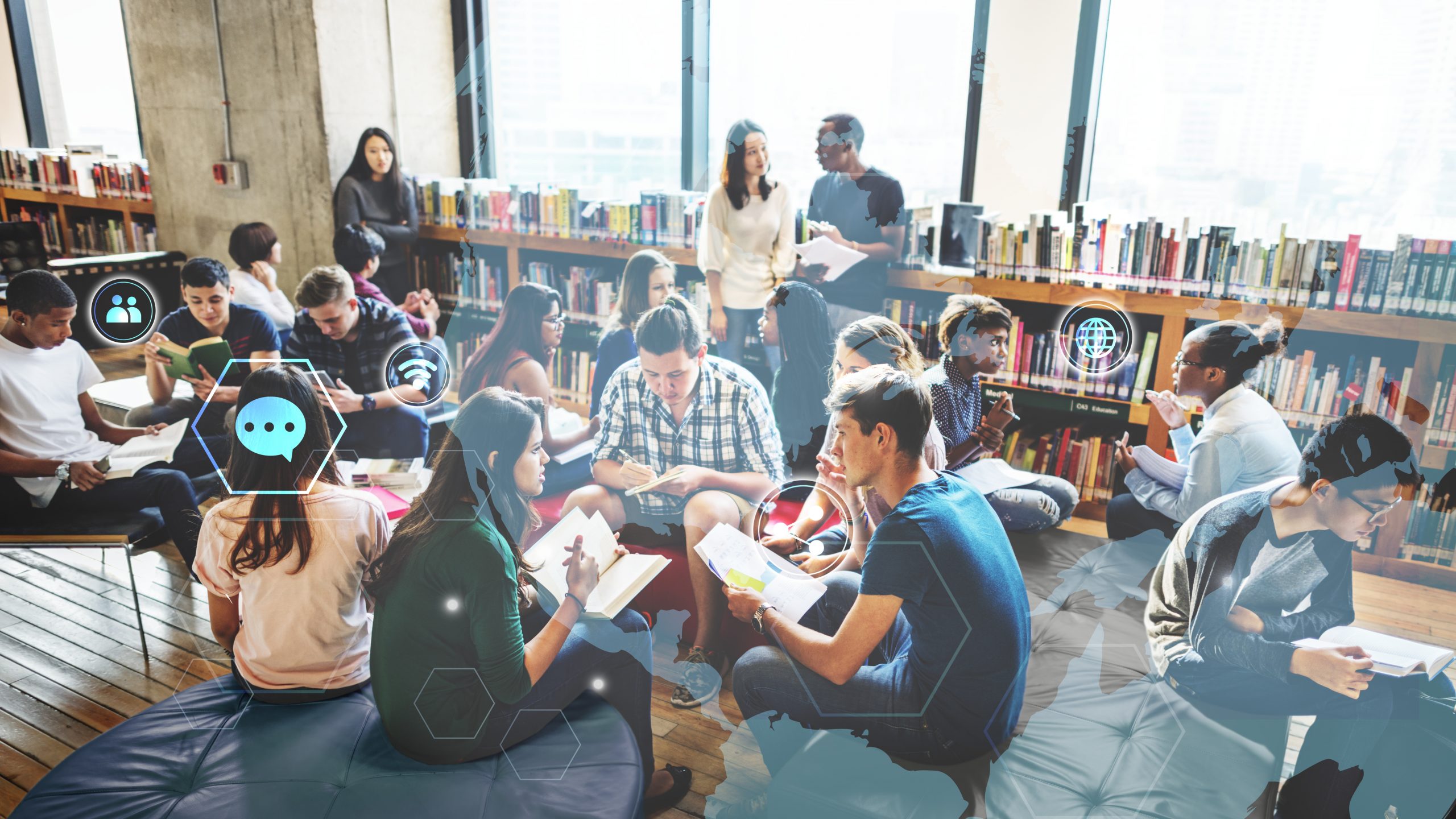 Group of diverse students working in a school library