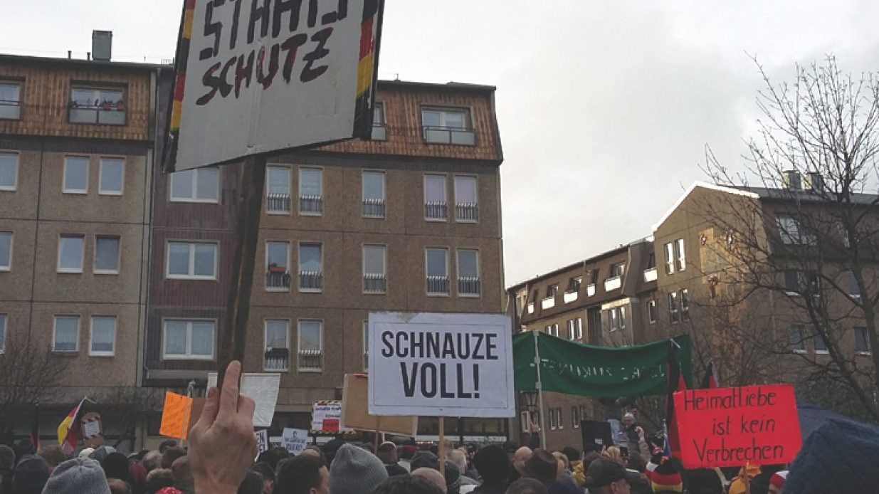 Menschenmenge und Plakate bei einer Demonstration von "Zukunft Heimat" 2018