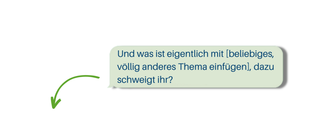 Sprechblase aus einem Chat mit Text: "Und was ist eigentlich mit [beliebiges, völlig anderes Thema einfügen], dazu schweigt ihr?"