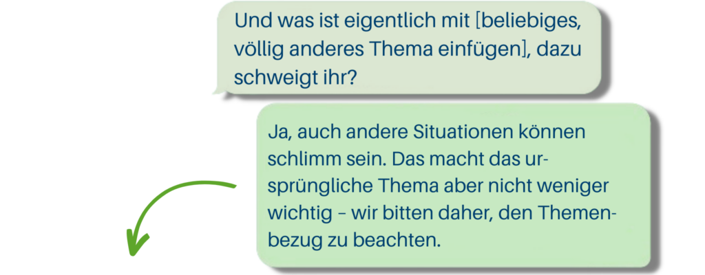 Zwei Sprechblasen aus einem Chat, in der Ausgangsnachricht steht ""Und was ist eigentlich mit [beliebiges, völlig anderes Thema einfügen], dazu schweigt ihr?". Die Antwort in der zweiten Nachricht lautet: "Ja, auch andere Situationen können schlimm sein. Das macht das ursprüngliche Thema aber nicht weniger wichtig - wir bitten daher, den Themenbezug zu beachten."