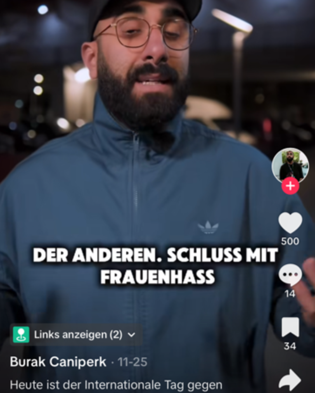 Screenshot von einem Tiktok-Video von Burak Caniperk, er sagt "Schluss mit Frauenhass".